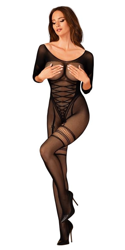 BODYSTOCKING G329 Bodystocking noir floral, manches longues, entrejambe ouvert.