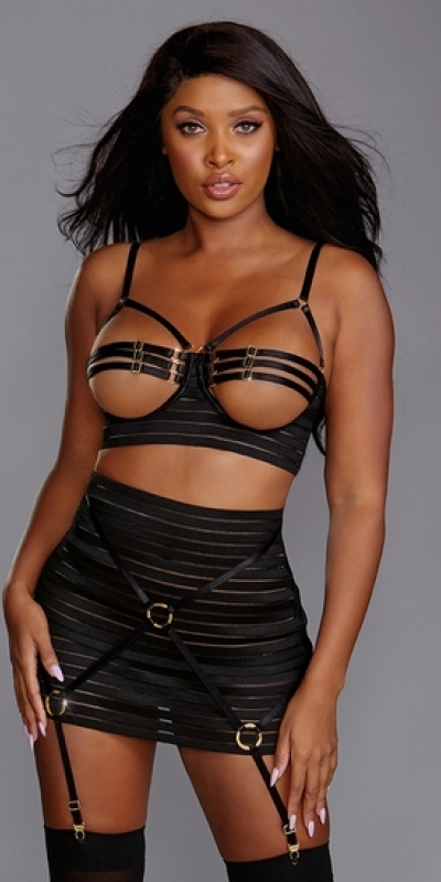 CONJUNTO STRAPPY OPEN Ensemble coupe ouverte à bretelles et jupe porte-jarretelles - noir