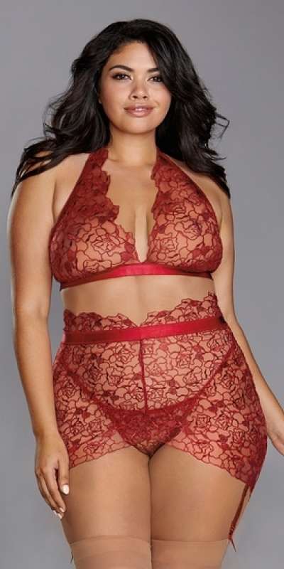 CONJUNTO TRES PIEZAS CURVY Ensemble érotique de trois pièces avec broderie florale