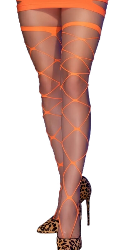 CR 4706 MEDIAS CABARET NARANJA Collants sensuels avec de grands œillets pour femmes.