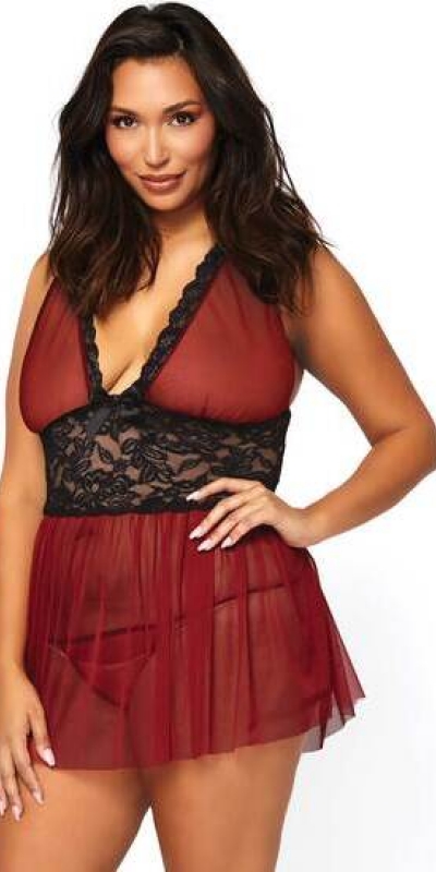 LEG AVENUE  SENSUAL Leg avenue babydoll ensemble babydoll bourgogne avec string