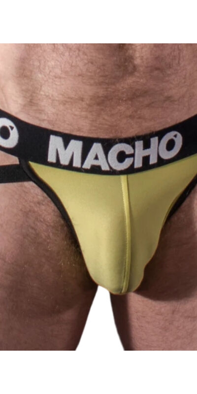 MACHO - MX25A JOCK LYCRA AMARI Sous-vêtements masculins jaunes en lycra, fesses à l'air