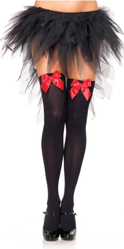 LEG AVENUE RUFFLE Bas hauts noir avec nœud rouge taille unique