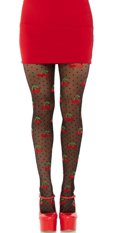 MEDIAS LUNARES CEREZA NEGRO Collants transparents à pois et cerises coquettes