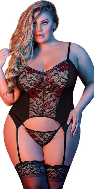 MERRY WIDOW FLOR Body veuve joyeuse et g-jarretelles - noir